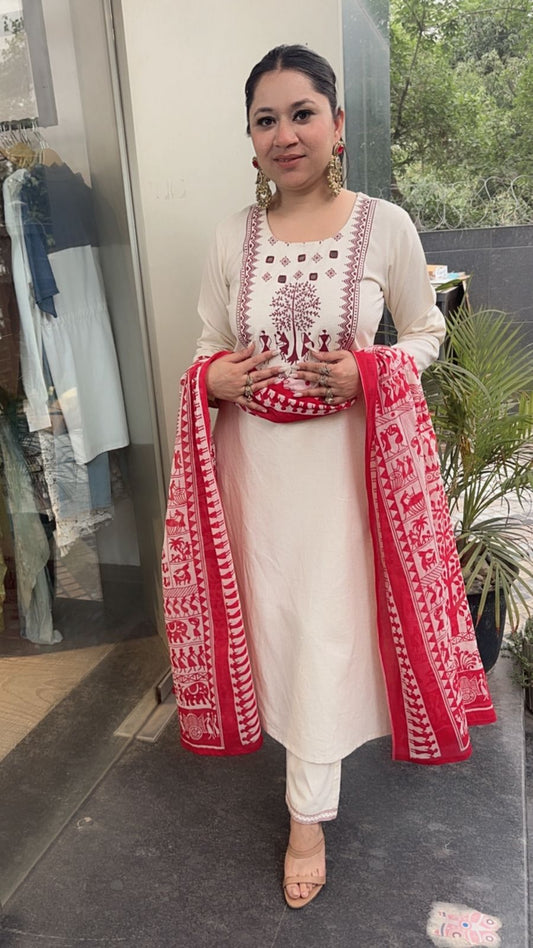 Ekam Ivory Red Digital Dupatta Cotton Suit