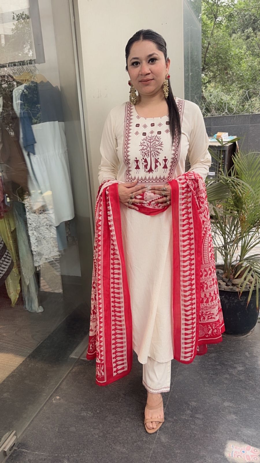 Ekam Ivory Red Digital Dupatta Cotton Suit