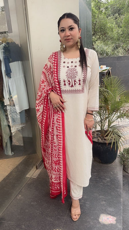 Ekam Ivory Red Digital Dupatta Cotton Suit