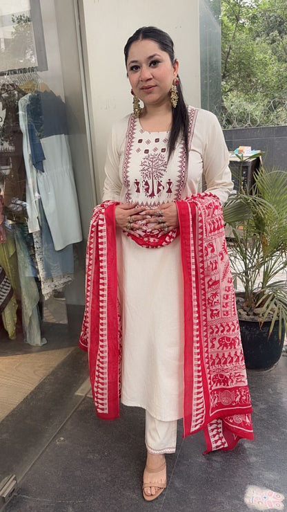 Ekam Ivory Red Digital Dupatta Cotton Suit