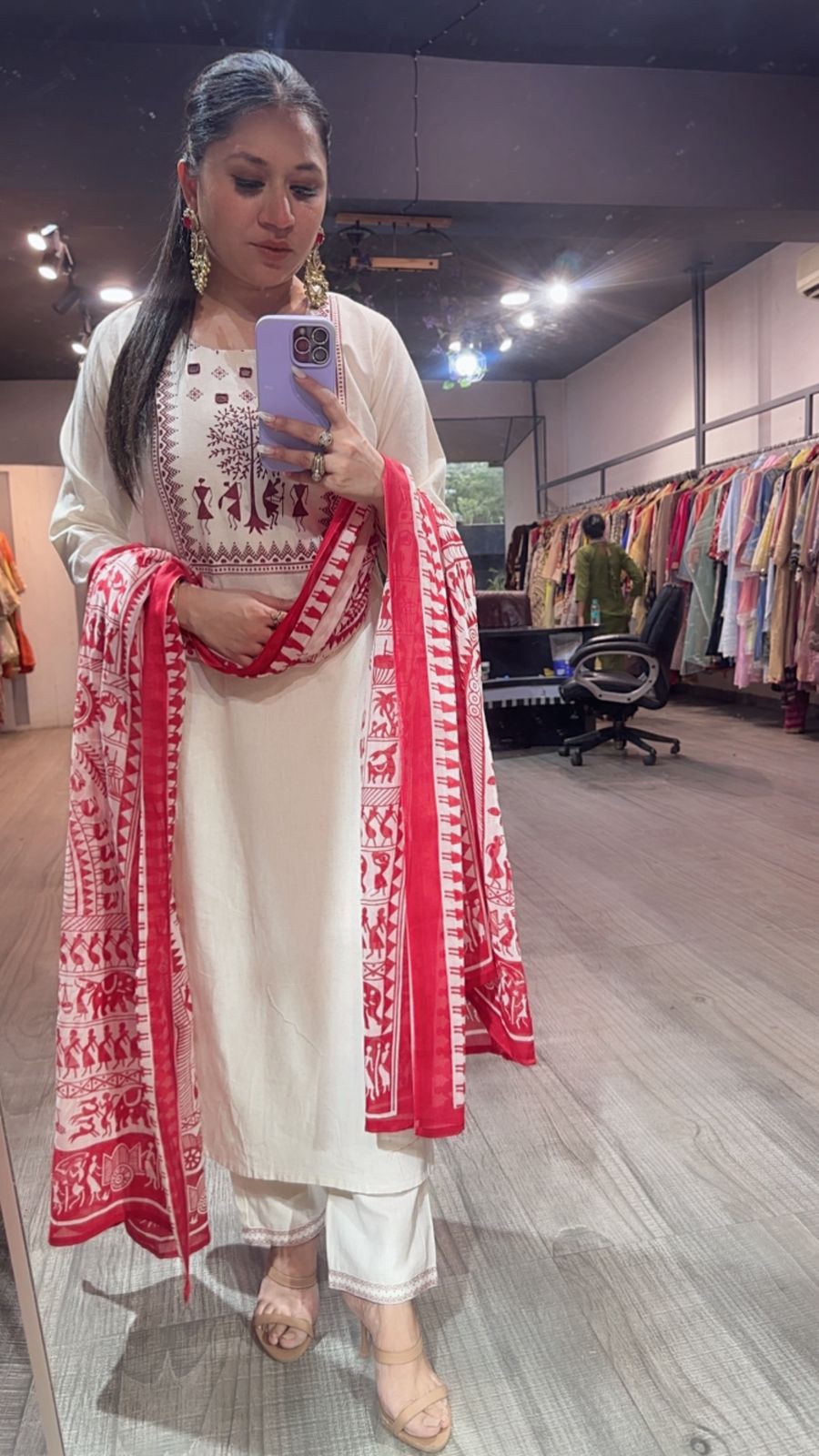 Ekam Ivory Red Digital Dupatta Cotton Suit
