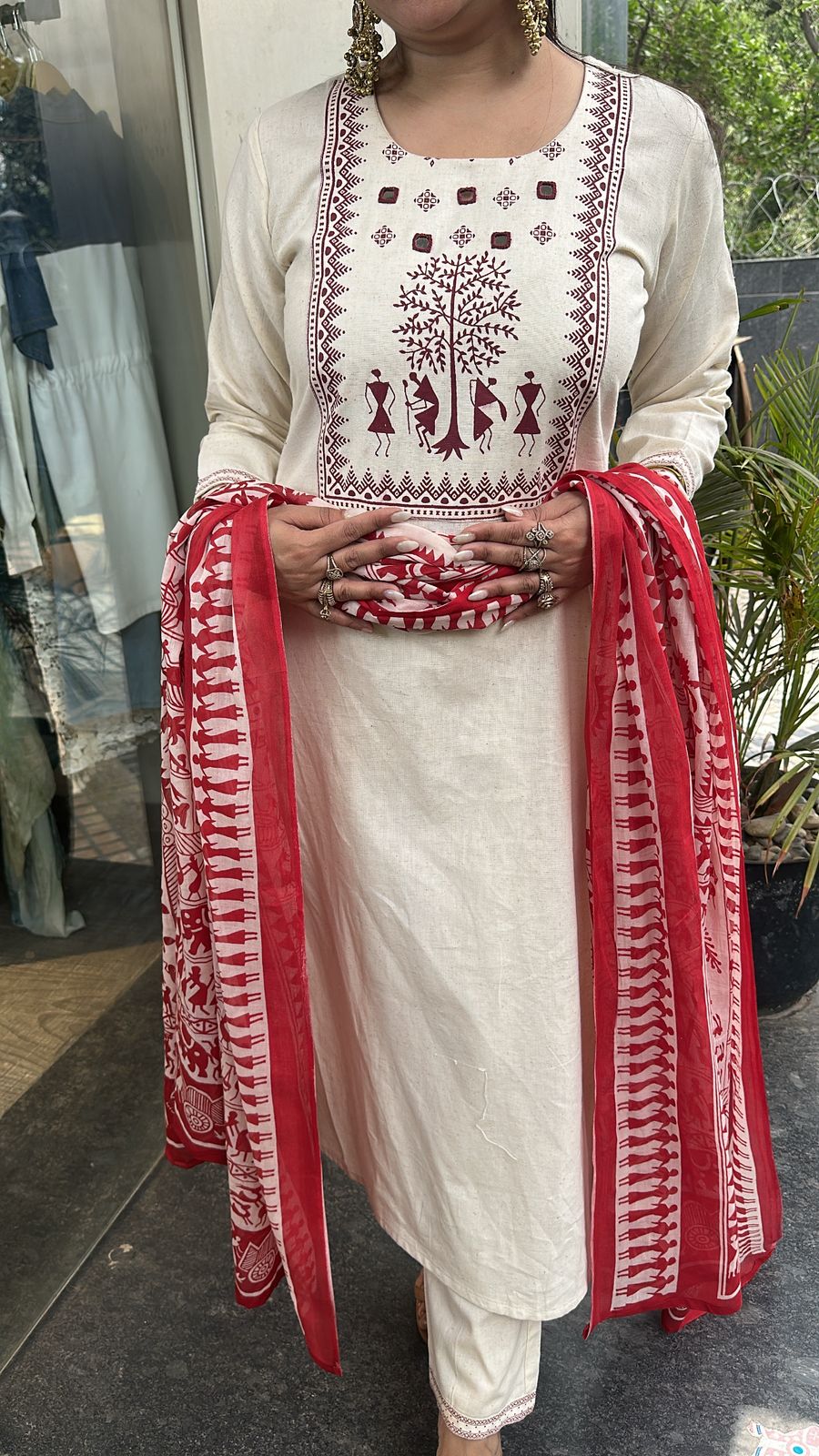 Ekam Ivory Red Digital Dupatta Cotton Suit