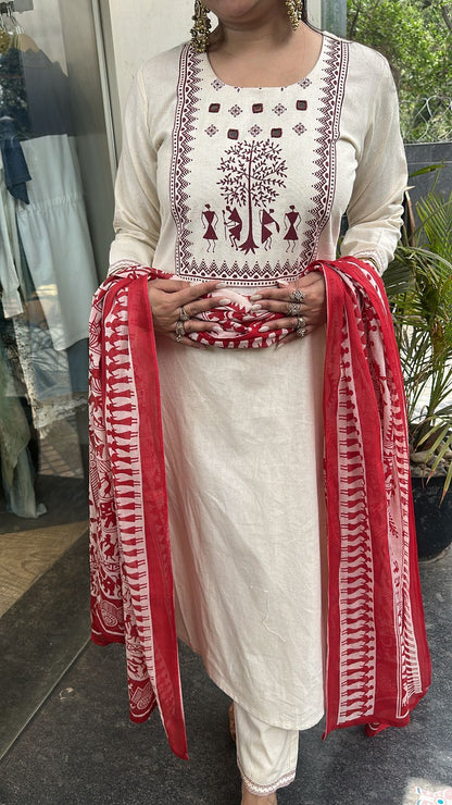 Ekam Ivory Red Digital Dupatta Cotton Suit