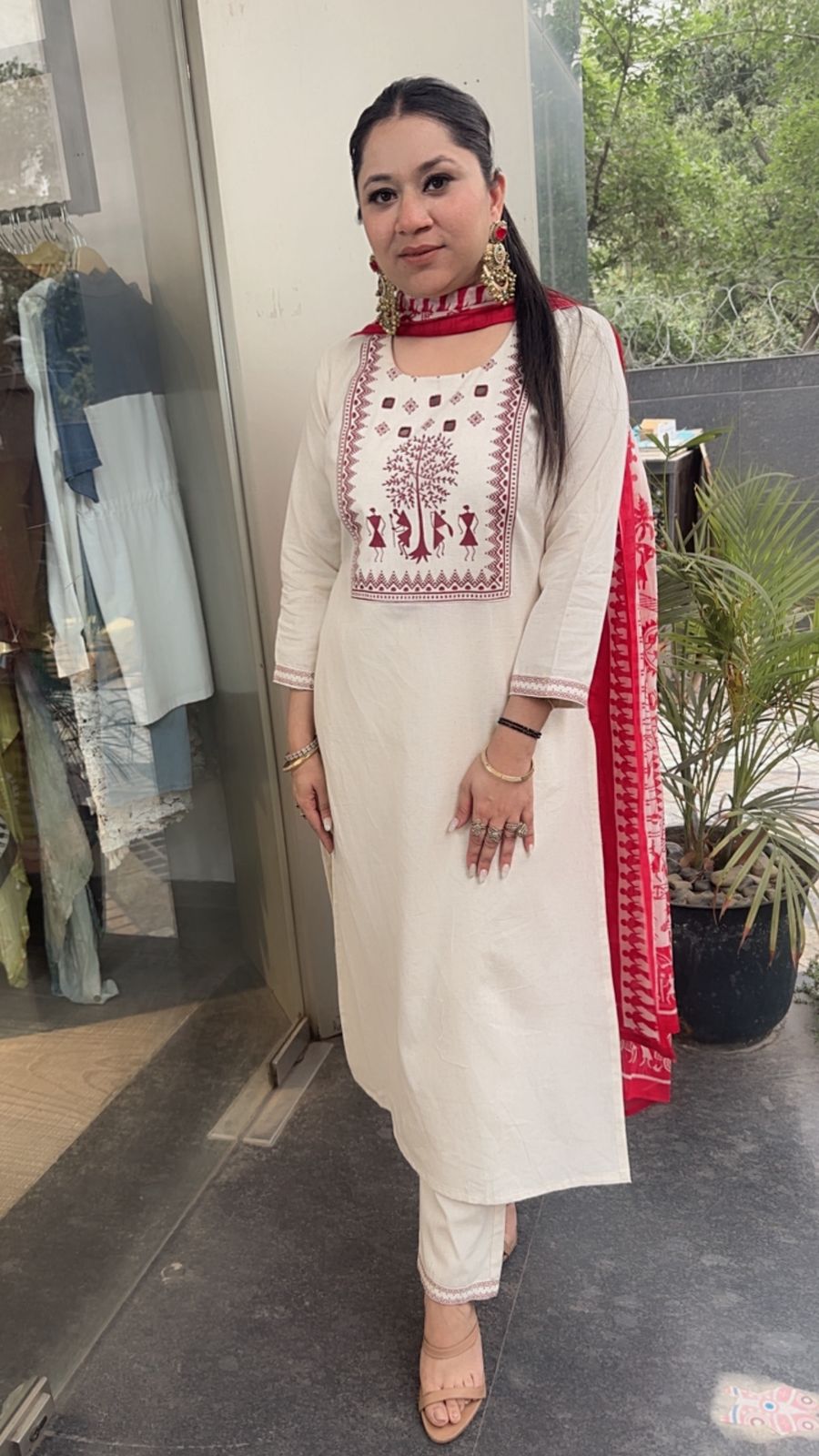 Ekam Ivory Red Digital Dupatta Cotton Suit