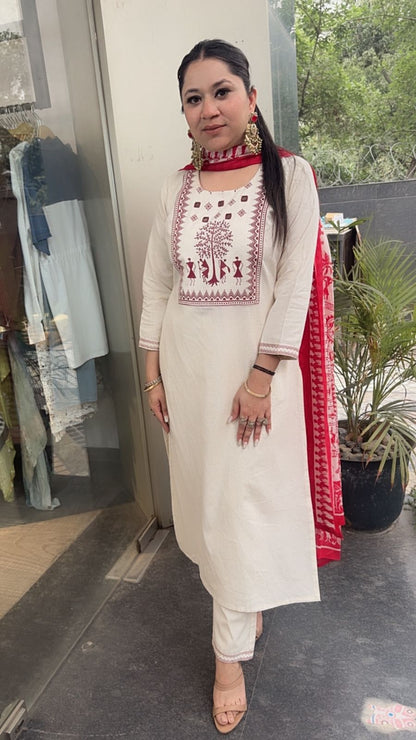 Ekam Ivory Red Digital Dupatta Cotton Suit