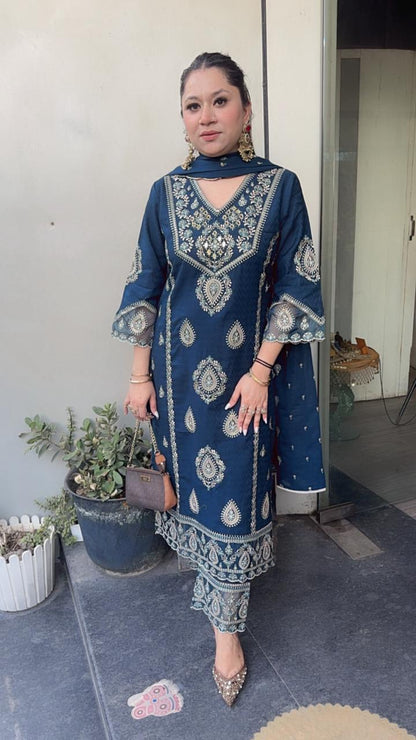 Tadka Teal Blue Thread work Designer Suit