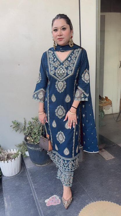 Tadka Teal Blue Thread work Designer Suit