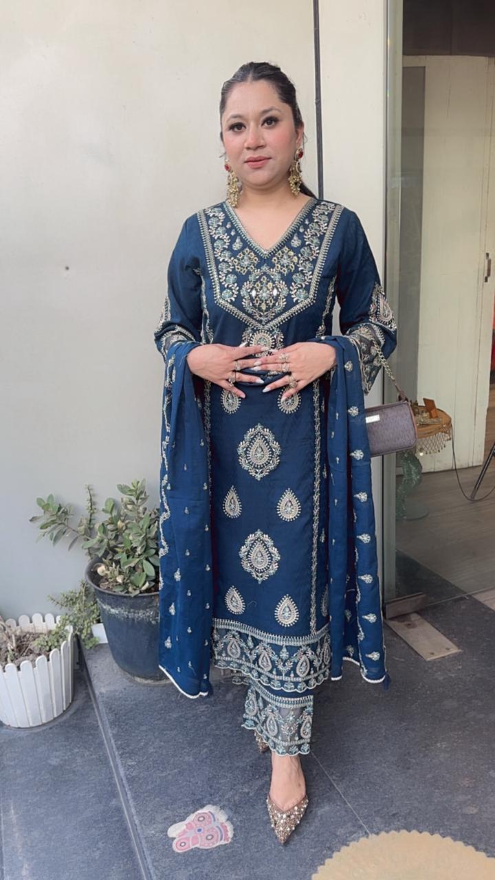 Tadka Teal Blue Thread work Designer Suit