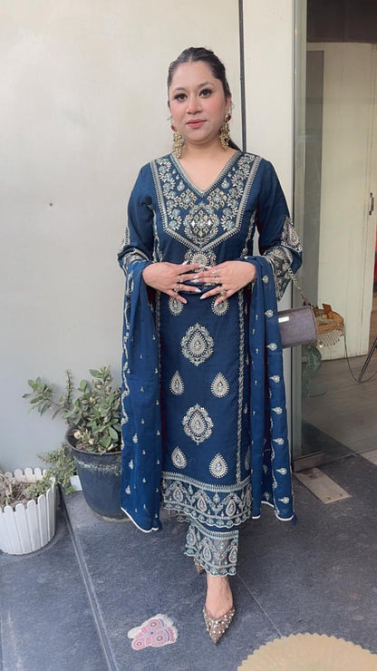 Tadka Teal Blue Thread work Designer Suit