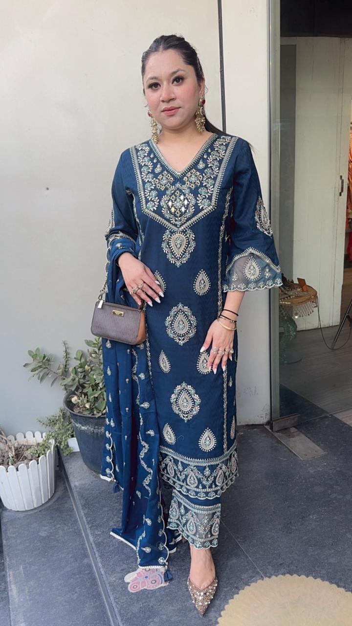 Tadka Teal Blue Thread work Designer Suit