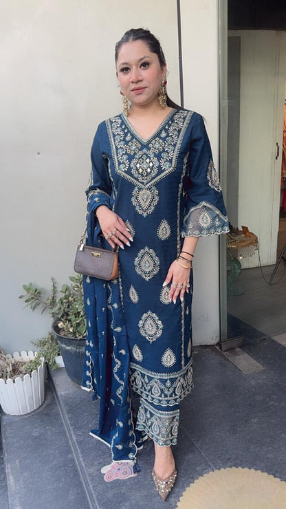 Tadka Teal Blue Thread work Designer Suit
