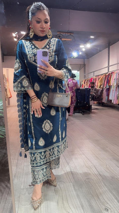 Tadka Teal Blue Thread work Designer Suit