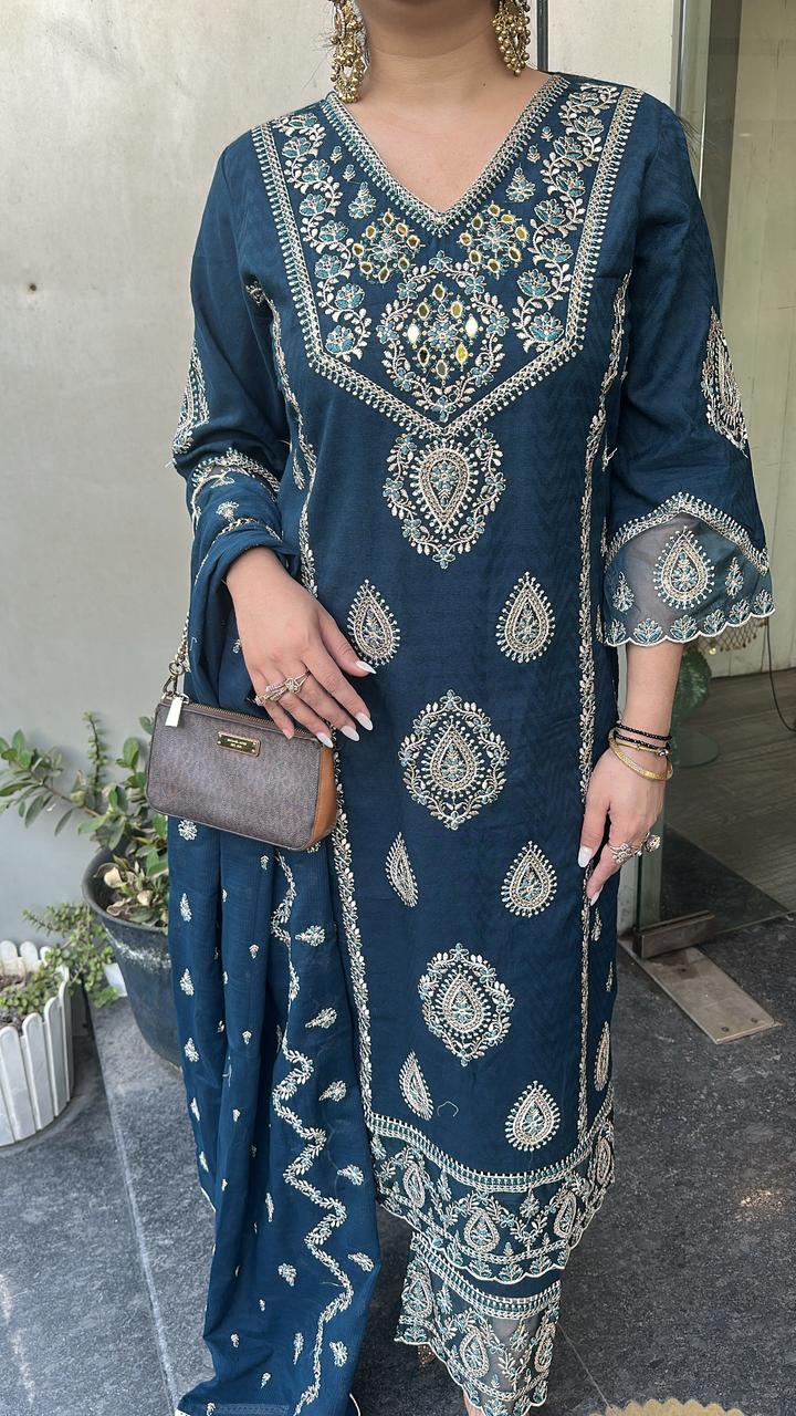 Tadka Teal Blue Thread work Designer Suit