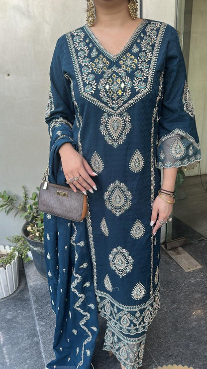 Tadka Teal Blue Thread work Designer Suit