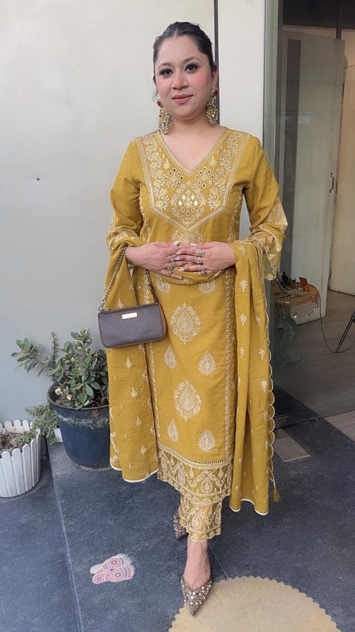 Tadka Mustard Thread work Designer Suit