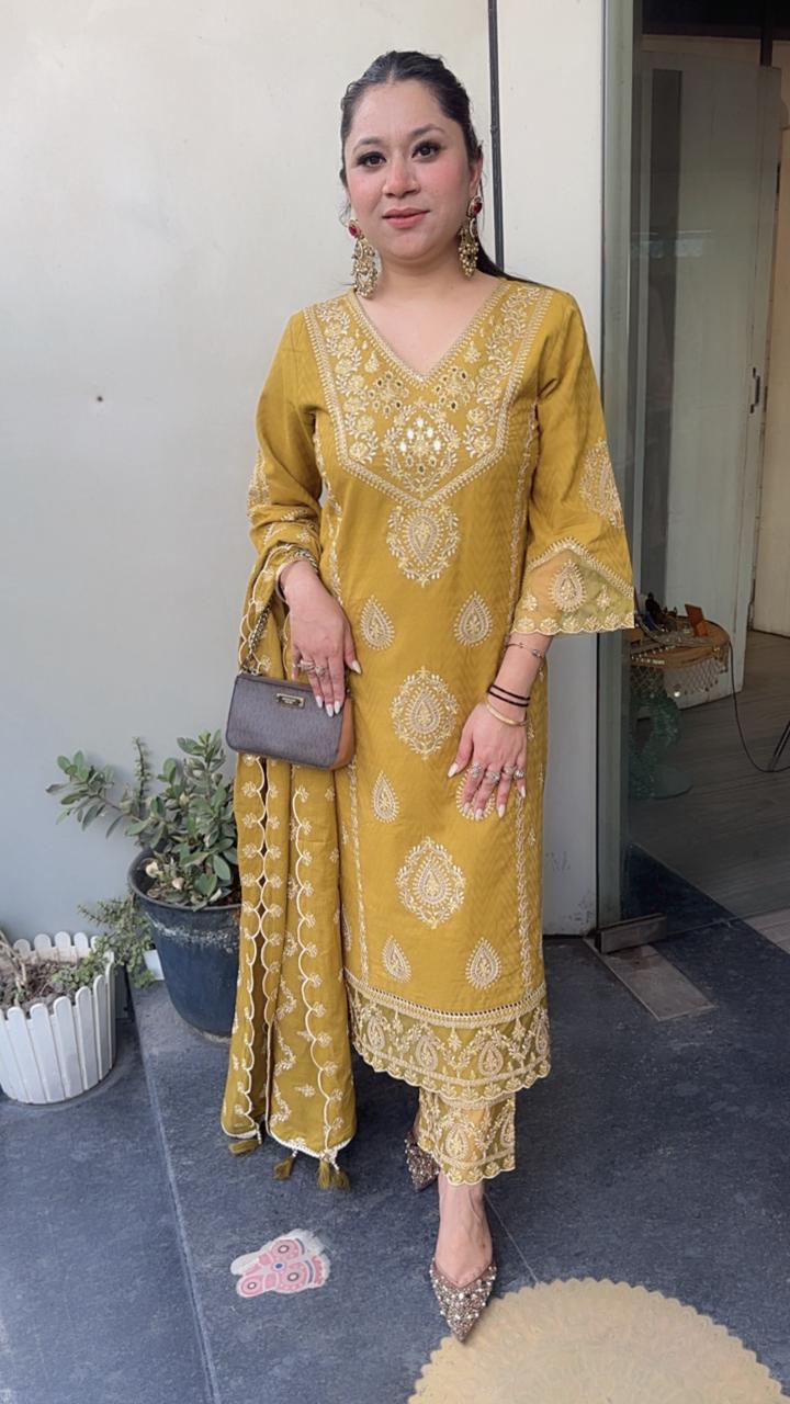 Tadka Mustard Thread work Designer Suit