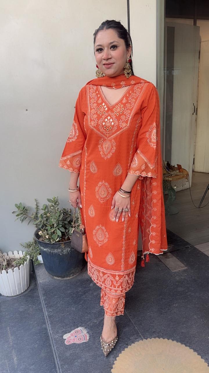 Tadka Rust Orange Thread work Designer Suit
