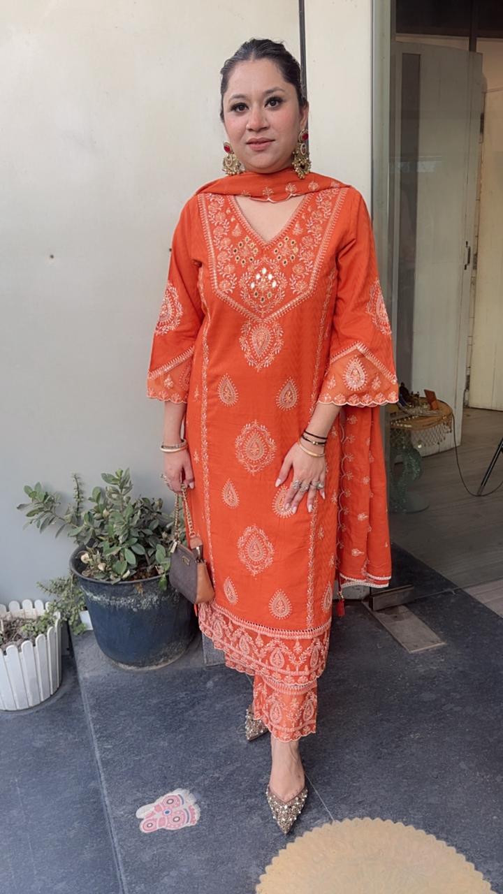 Tadka Rust Orange Thread work Designer Suit
