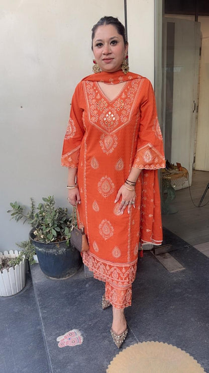 Tadka Rust Orange Thread work Designer Suit