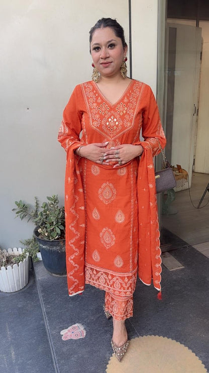 Tadka Rust Orange Thread work Designer Suit