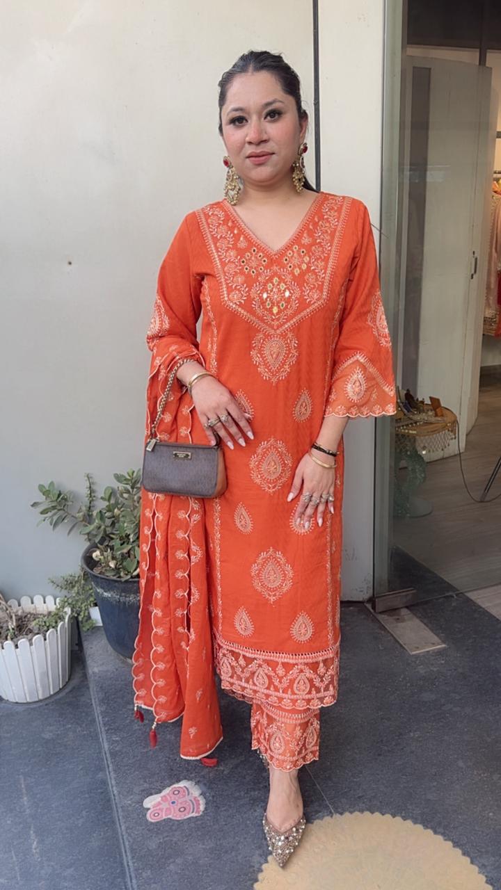 Tadka Rust Orange Thread work Designer Suit