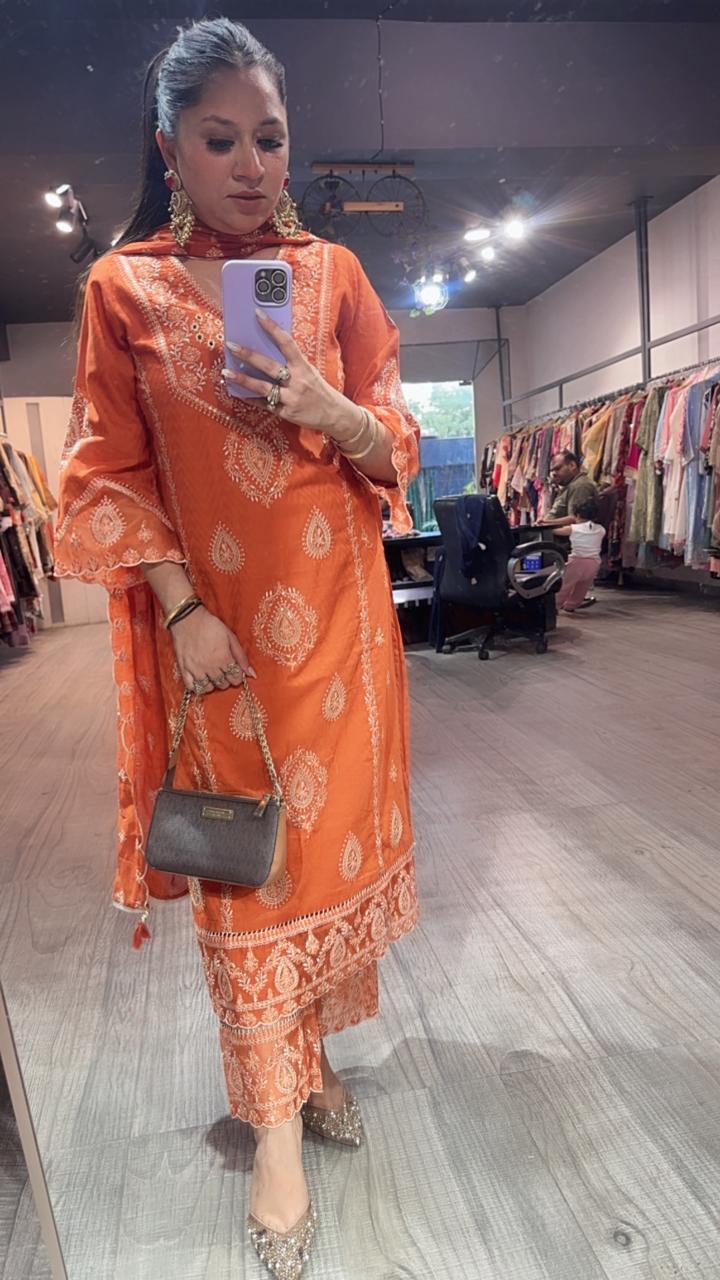 Tadka Rust Orange Thread work Designer Suit