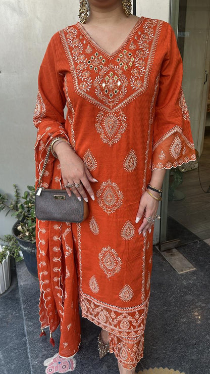 Tadka Rust Orange Thread work Designer Suit