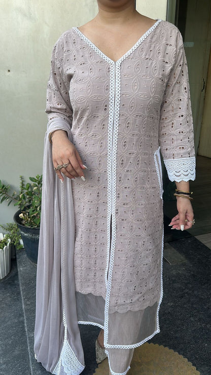 Bakshi Grey chiffle Cotton Designer Suit