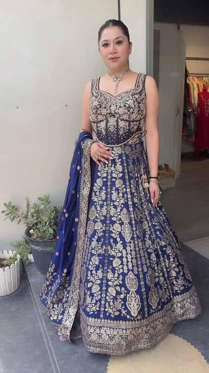 Jodha Navy Blue Banarasi Designer  Lengha