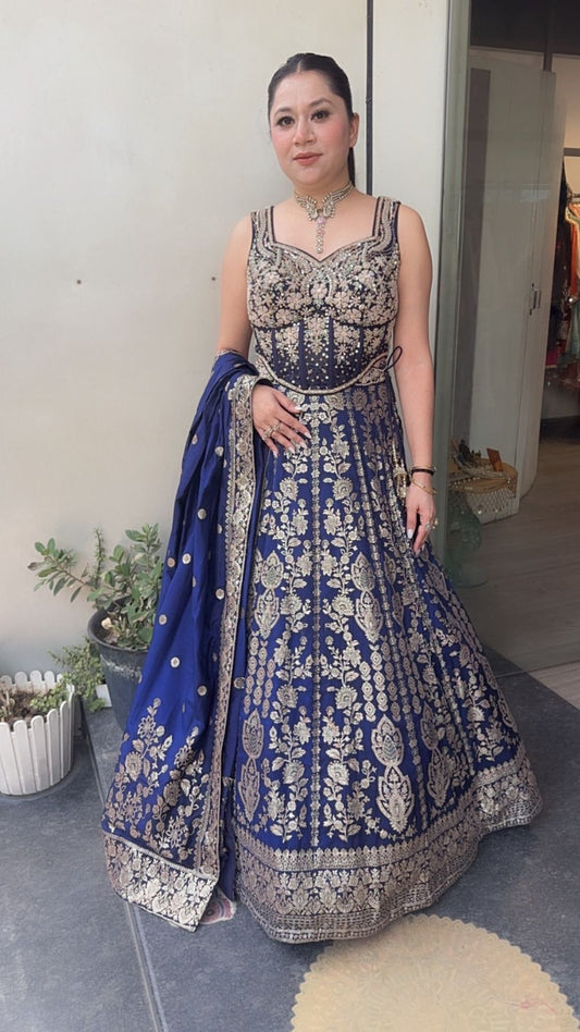 Jodha Navy Blue Banarasi Designer  Lengha