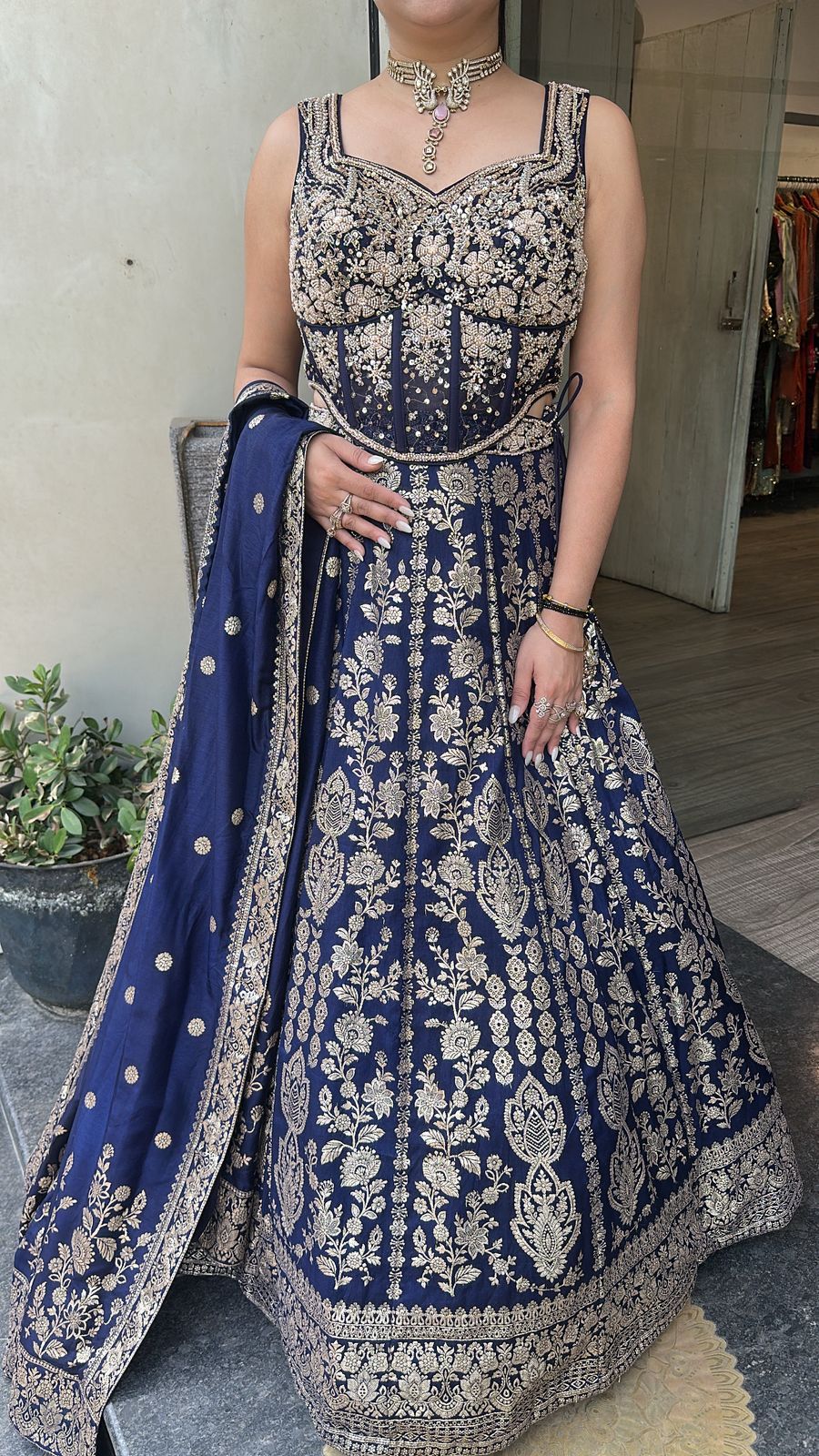 Jodha Navy Blue Banarasi Designer  Lengha