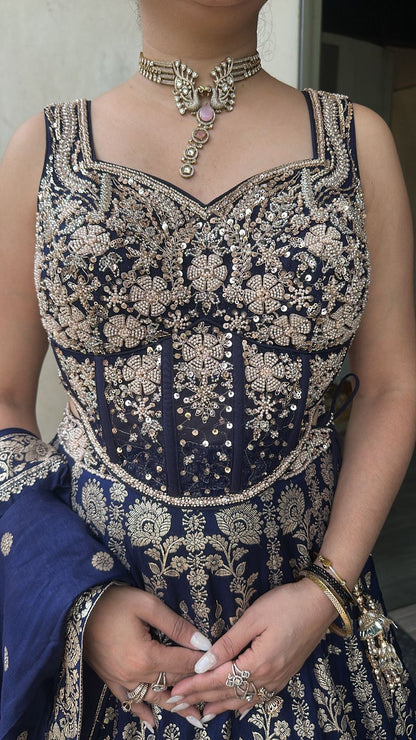 Jodha Navy Blue Banarasi Designer  Lengha