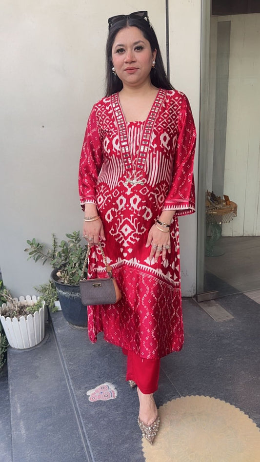 Sangria Red Digital Designer Tunic Set