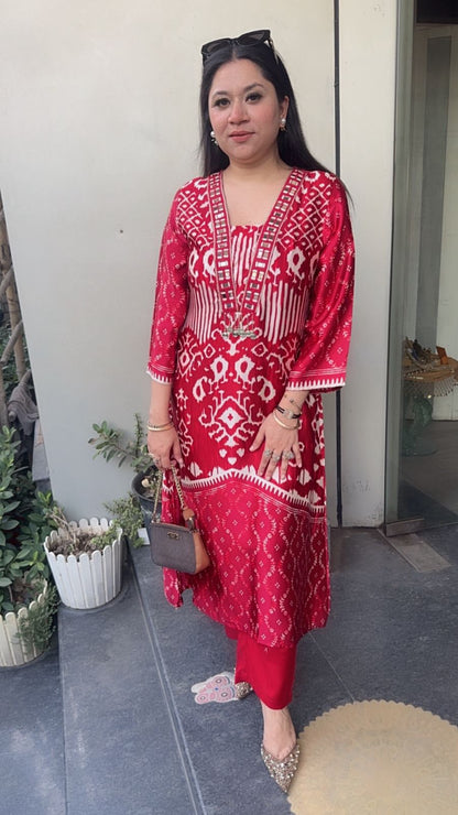 Sangria Red Digital Designer Tunic Set