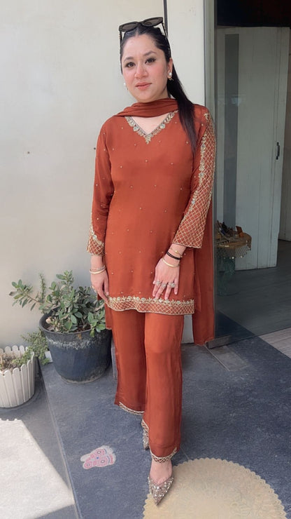 Jannat Rust Brown Katdana Designer Suit