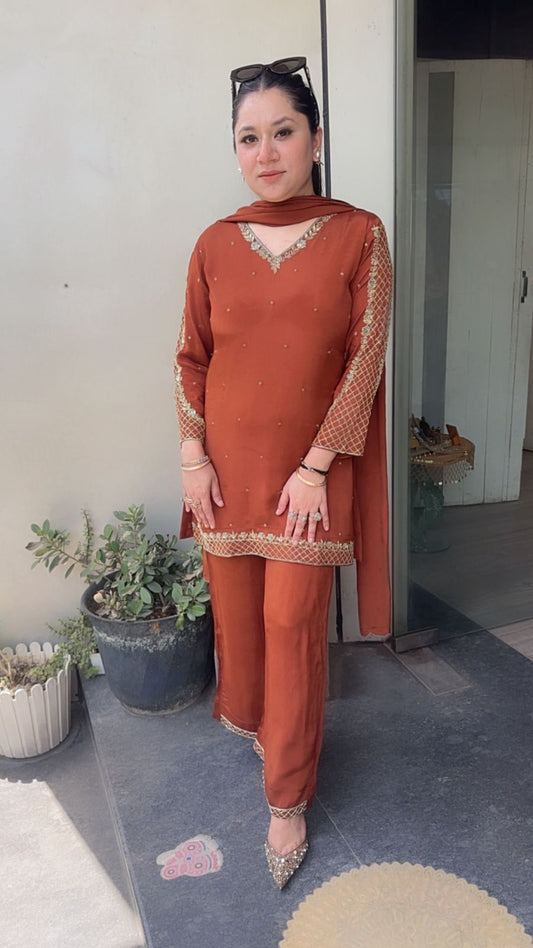 Jannat Rust Brown Katdana Designer Suit
