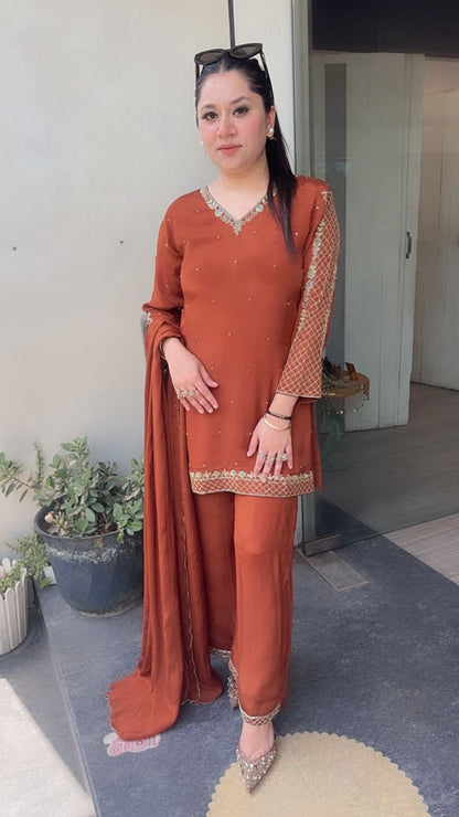Jannat Rust Brown Katdana Designer Suit