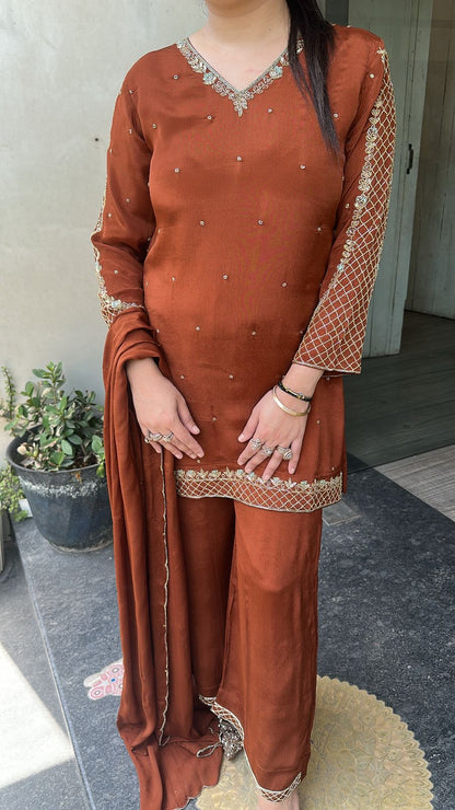 Jannat Rust Brown Katdana Designer Suit