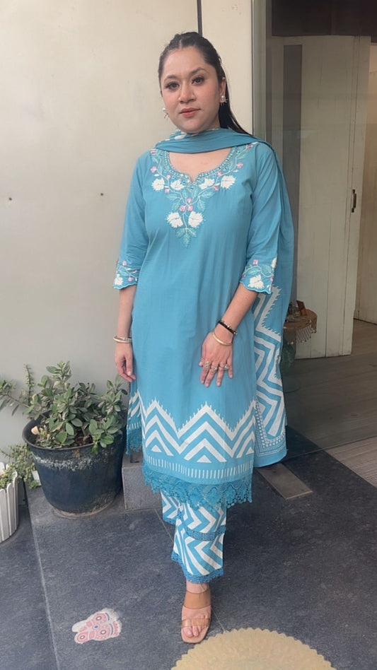 Leher Aqua Blue Cotton Designer Suit