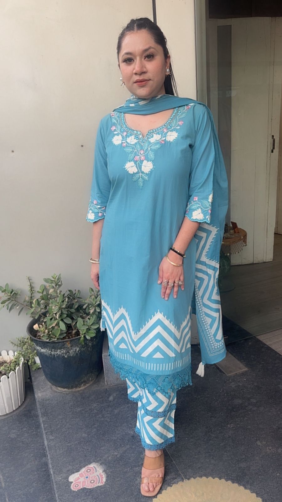 Leher Aqua Blue Cotton Designer Suit