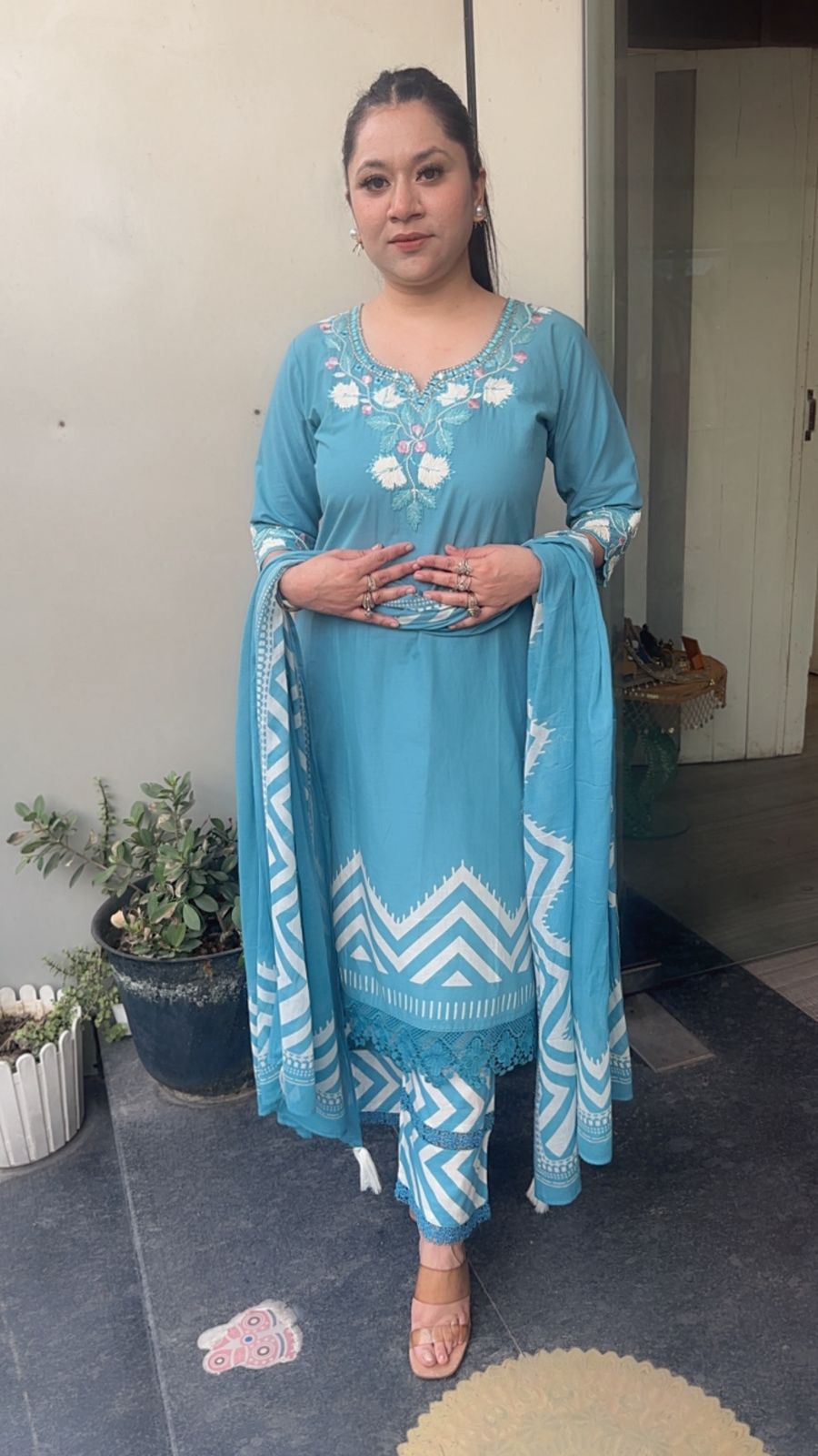 Leher Aqua Blue Cotton Designer Suit