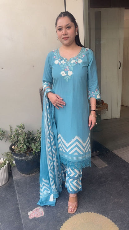 Leher Aqua Blue Cotton Designer Suit