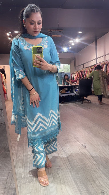 Leher Aqua Blue Cotton Designer Suit