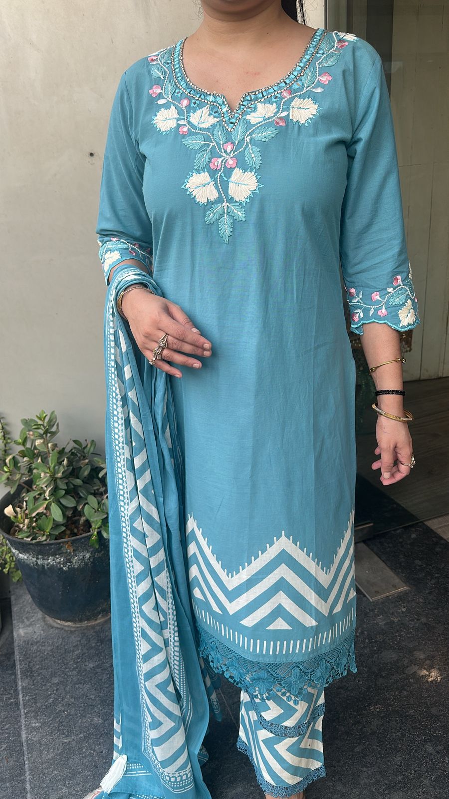 Leher Aqua Blue Cotton Designer Suit