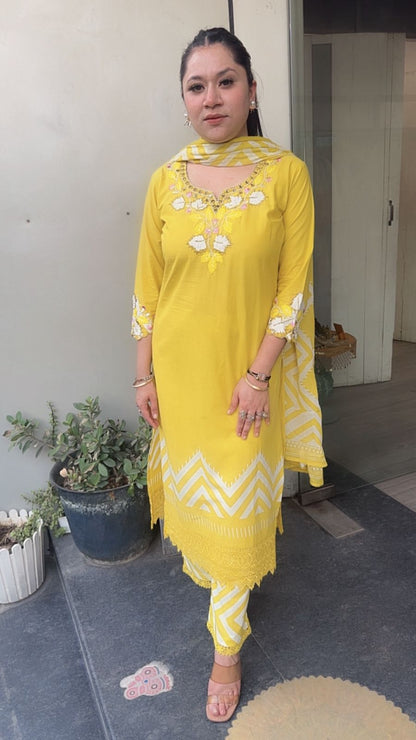 Leher yellow Cotton Designer Suit