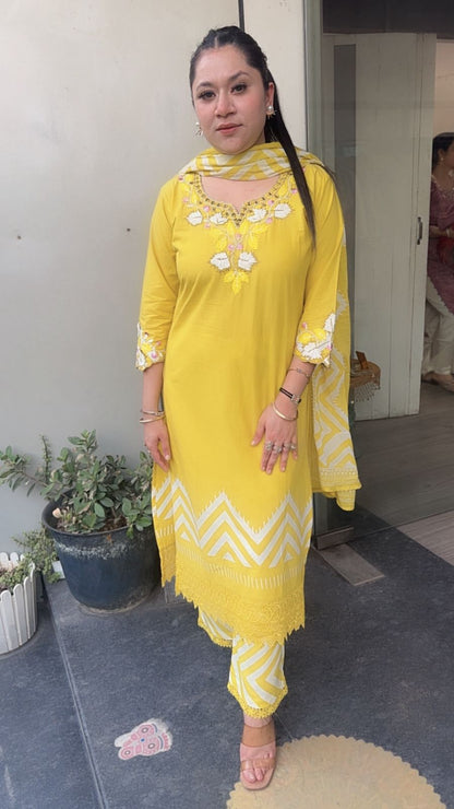 Leher yellow Cotton Designer Suit