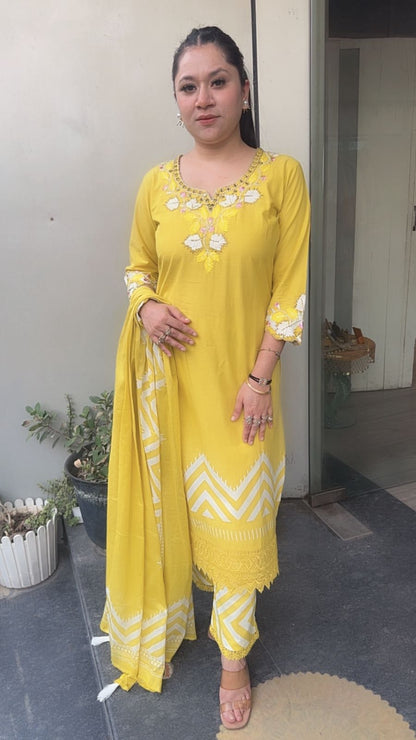 Leher yellow Cotton Designer Suit