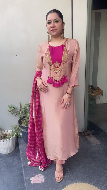 Zari onion pink Tassel A-Line Designer Suit