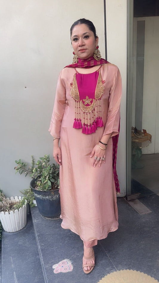 Zari onion pink Tassel A-Line Designer Suit
