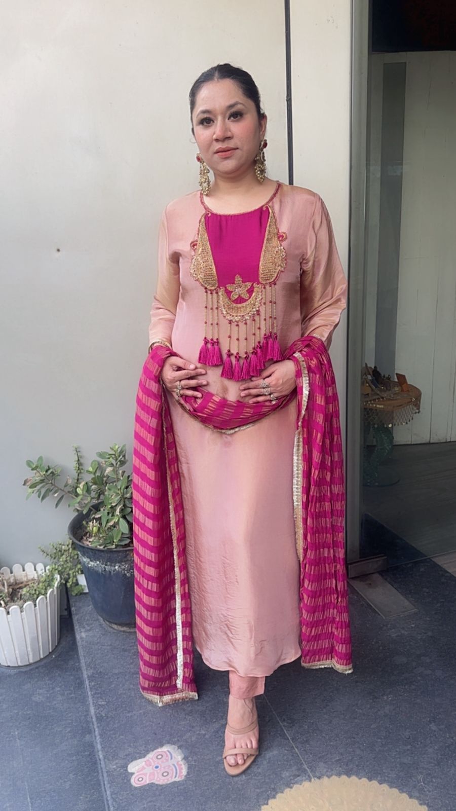 Zari onion pink Tassel A-Line Designer Suit